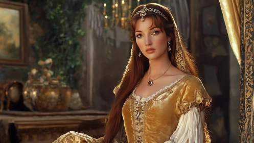 Renaissance style woman seated in ornate interior setting.