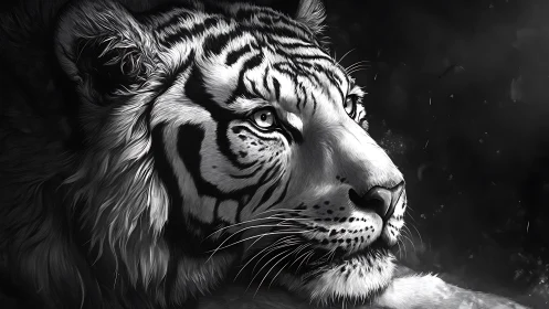 Black and white close-up portrait of a resting tiger head.