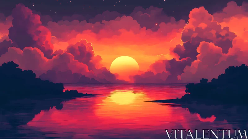 Luminous tropical sunset over reflective bay with volumetric clouds