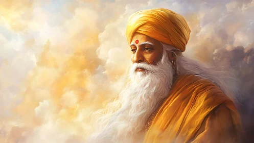 Digital painting portrait of elder sage in luminous clouds.