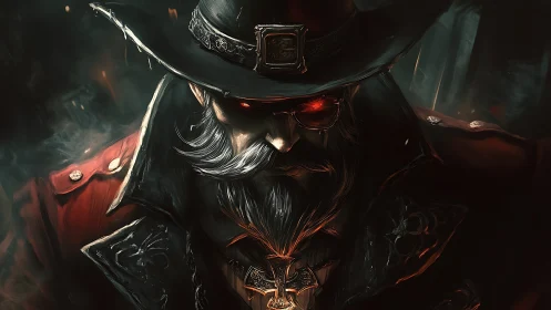 Demonic gunslinger portrait with glowing red eyes.