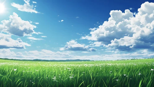 Sunlit green meadow under deep blue cloud filled sky.