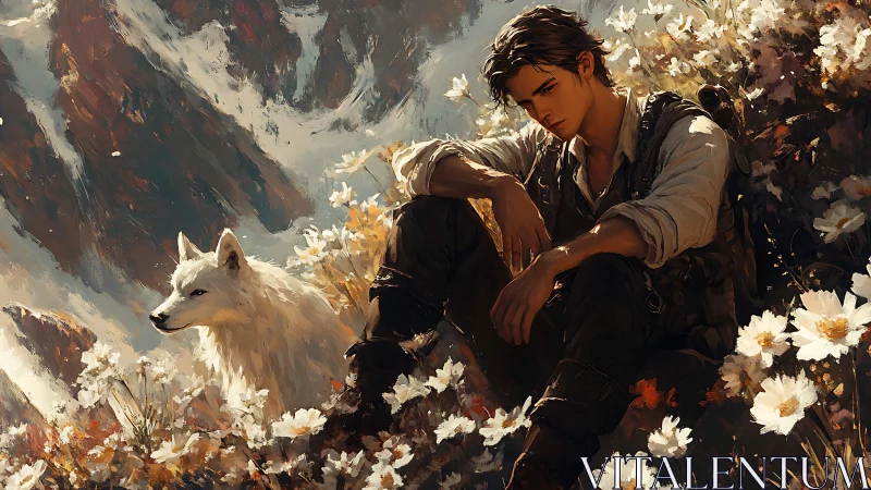 Mountain wanderer rests with white wolf amid high alpine blooms