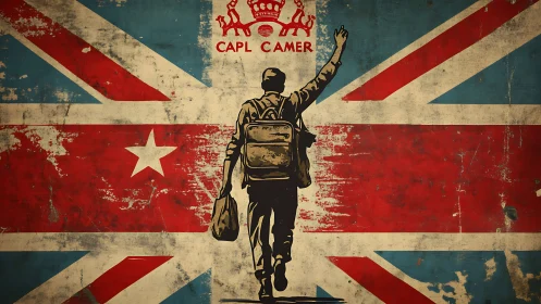 Traveler raising a hopeful hand against a bold flag backdrop.