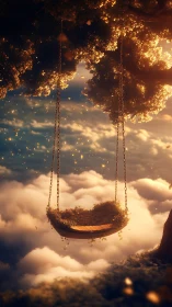 Suspended wooden swing seat above dense cloud layer.