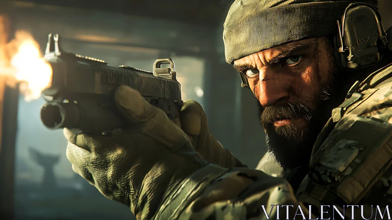 Soldier aims handgun during close-quarters engagement indoors