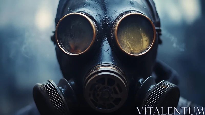 Person wearing industrial gas mask in soft focus haze.