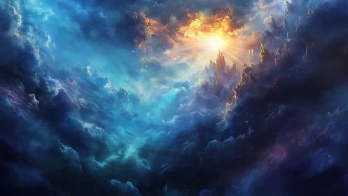Luminous celestial clouds with radiant sunlit center.