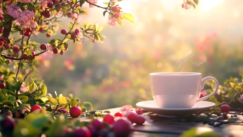 Sunlit white teacup emits steam amid shallow-focus flowering boughs