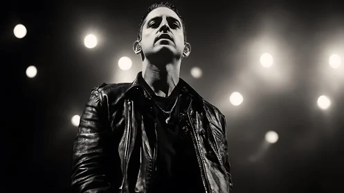 Monochrome low-angle portrait of performer under stage lights