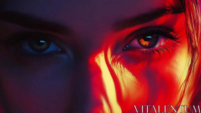 Close human eyes under intense red and blue lighting conditions