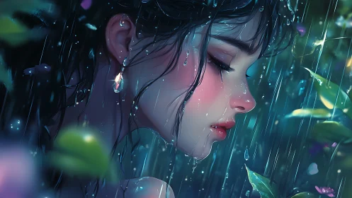 Side profile of wet woman in rain with foliage details.