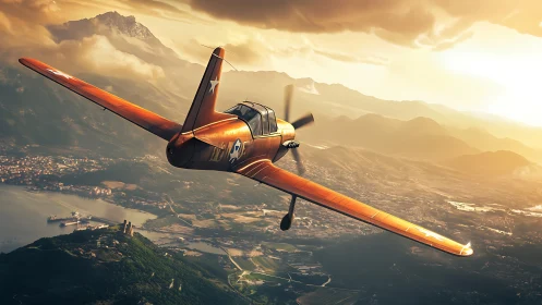 Aerodynamic trainer aircraft over coastal alpine basin at sunset.