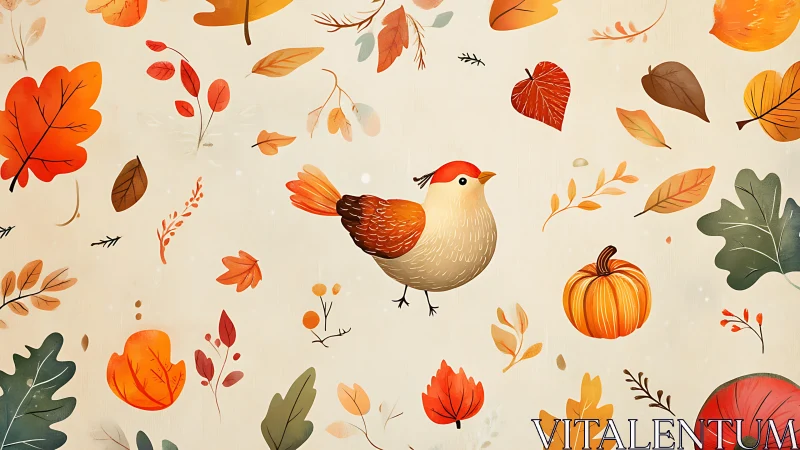 Cute songbird with autumn leaves and pumpkin pattern.
