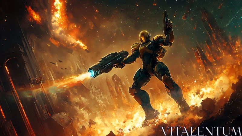 Armored space soldier fires plasma cannon amid inferno