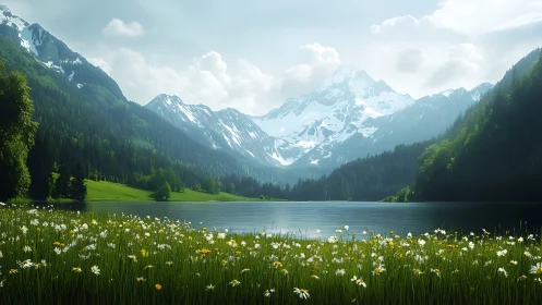 Alpine wildflower lake dreaming beneath luminous snow peaks.