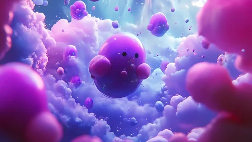 Bubble sky parade of smiling purple dream critters.