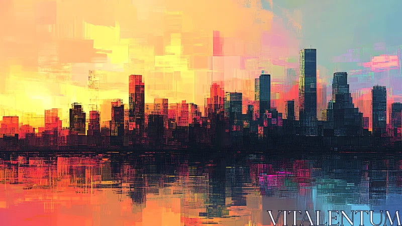 Abstract digital skyline at sunset with reflective waterfront
