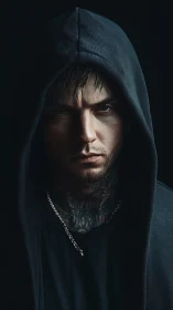 Hooded male portrait with tattoos in low key lighting.