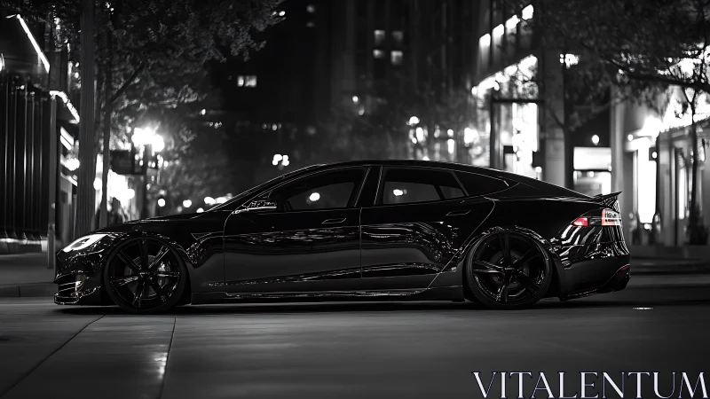 Sleek black electric sedan glides through moody city night.
