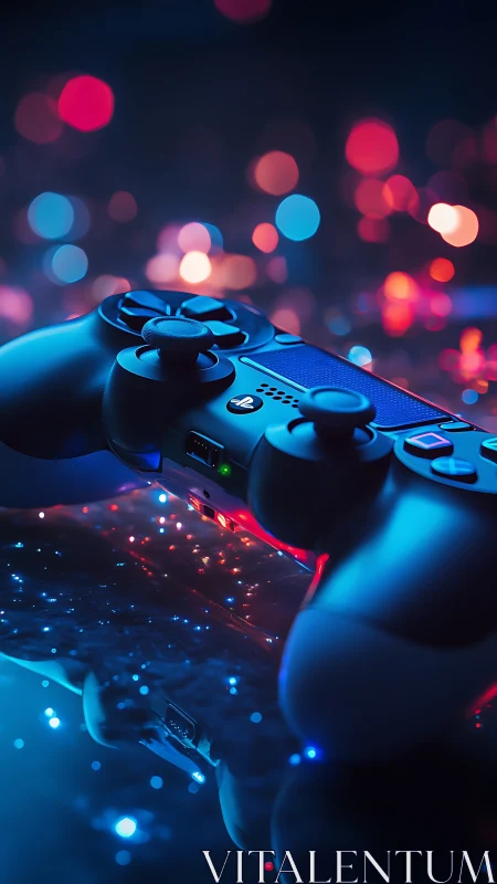 Gaming controller illuminated by neon blue and red bokeh lighting.