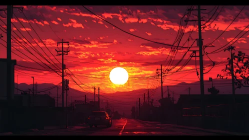 Crimson suburban sunset over silhouetted power lines and car.