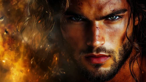 Battle-scarred warrior portrait rendered in dramatic digital realism