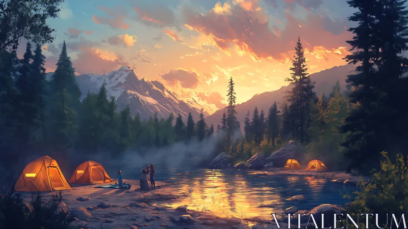 Sunset camping tents glow beside a tranquil mountain lake