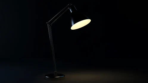 Modern desk lamp with articulated aluminum arm emitting warm luminescence in controlled darkness