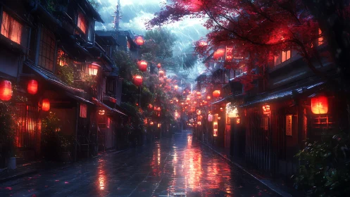 Rain-soaked lantern street renders complex volumetric light gradients