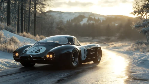 Winter highway daydream with a vintage racing coupe at dusk.