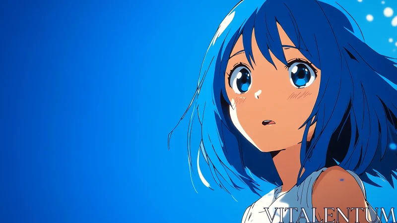 Blue haired anime girl looks upward against clear sky
