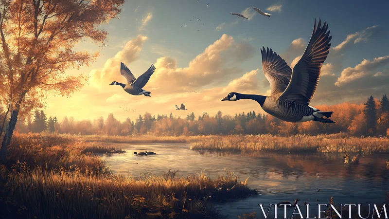 Majestic Geese Flying Over Autumn Lake at Sunset in Realistic Art.