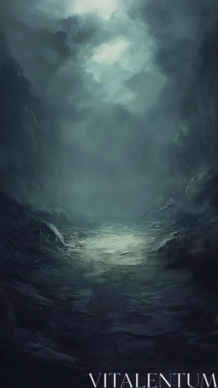 Narrow rocky ravine with diffuse light filtering through mist.