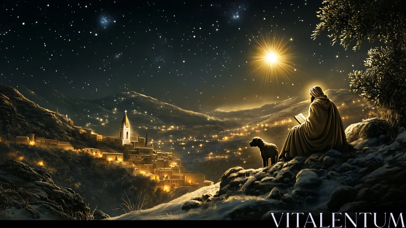 Shepherd watches a glowing winter valley beneath a guiding star