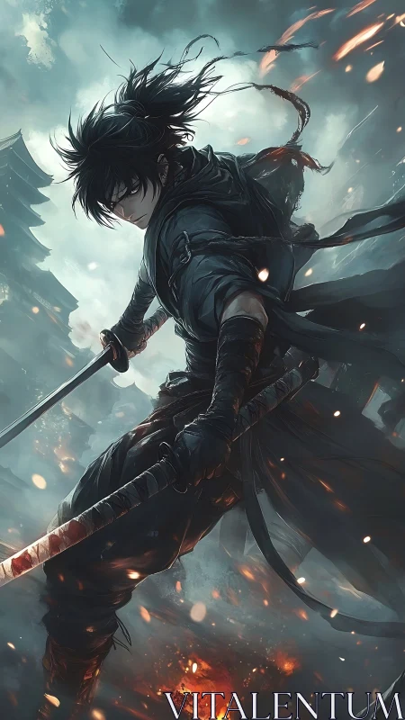 Dark anime swordsman stands in burning stormy battlefield.