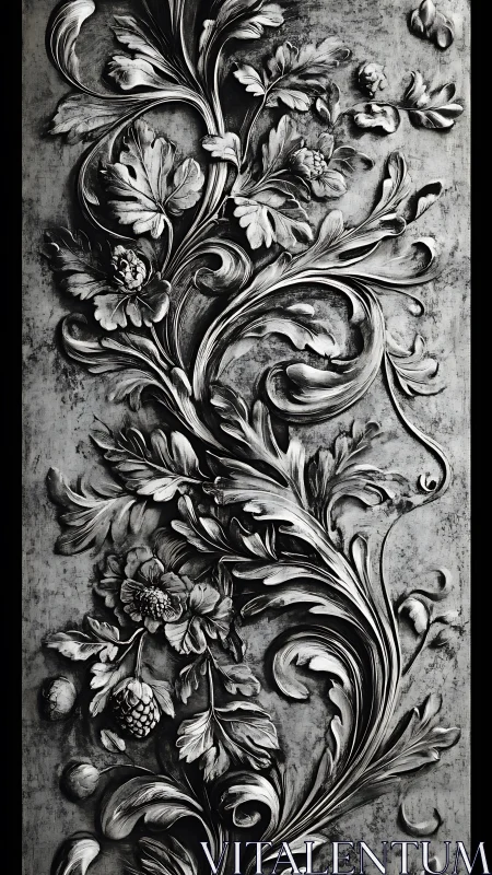 Baroque foliage curls upward like silver smoke in stone relief