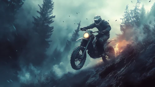 Night ride through stormy pines on a fearless dirt bike.