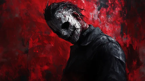 Masked figure in dark clothing against red painted background.