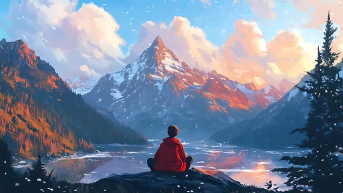 Solitary figure contemplating sunset-lit alpine peak.