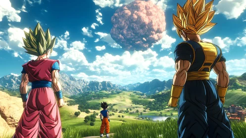 Saiyan warriors survey exploding sky over verdant valley