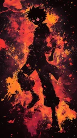Explosive anime silhouette within incandescent splatter field.