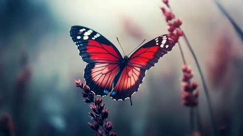 Red and black butterfly on meadow stems in soft focus field.