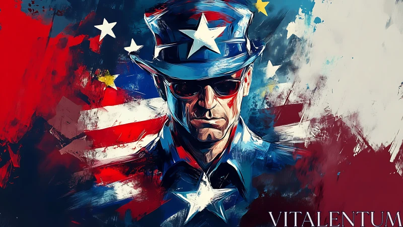 Star-spangled sentinel in bold abstract Americana storm.