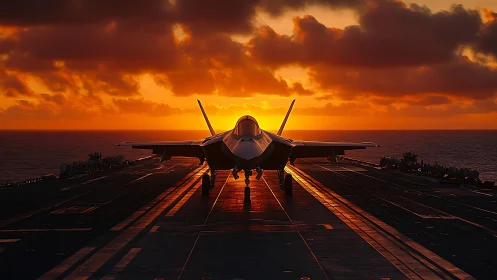 Carrier-based stealth jet silhouetted against stratified sunset glow.