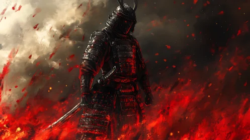 Armored samurai figure stands amid dense red flame field