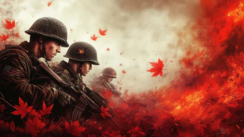 Soldiers in Combat: Fiery Battlefield with Maple Leaves.