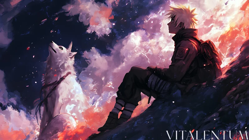 Anime figure and white wolf on rocky slope at dusk sky.