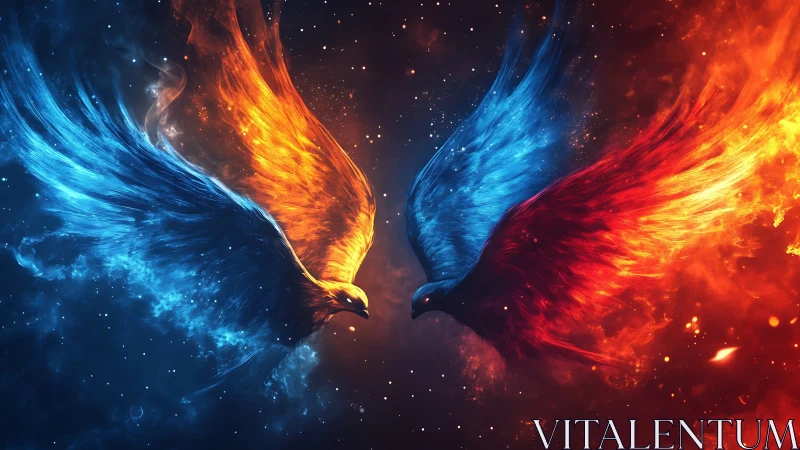 Fiery and Icy Phoenixes Collide in Dramatic Fantasy Artwork.
