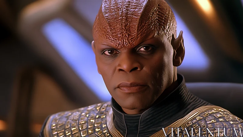 Alien commander gazes forward in ornate starship uniform.